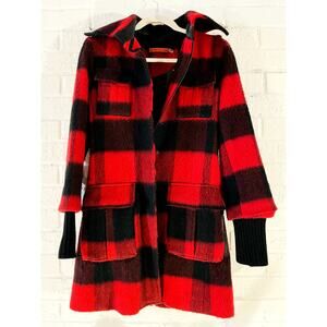 Alice + Olivia Red Black Buffalo Plaid Wool Coat Size Small Belted Zip Front